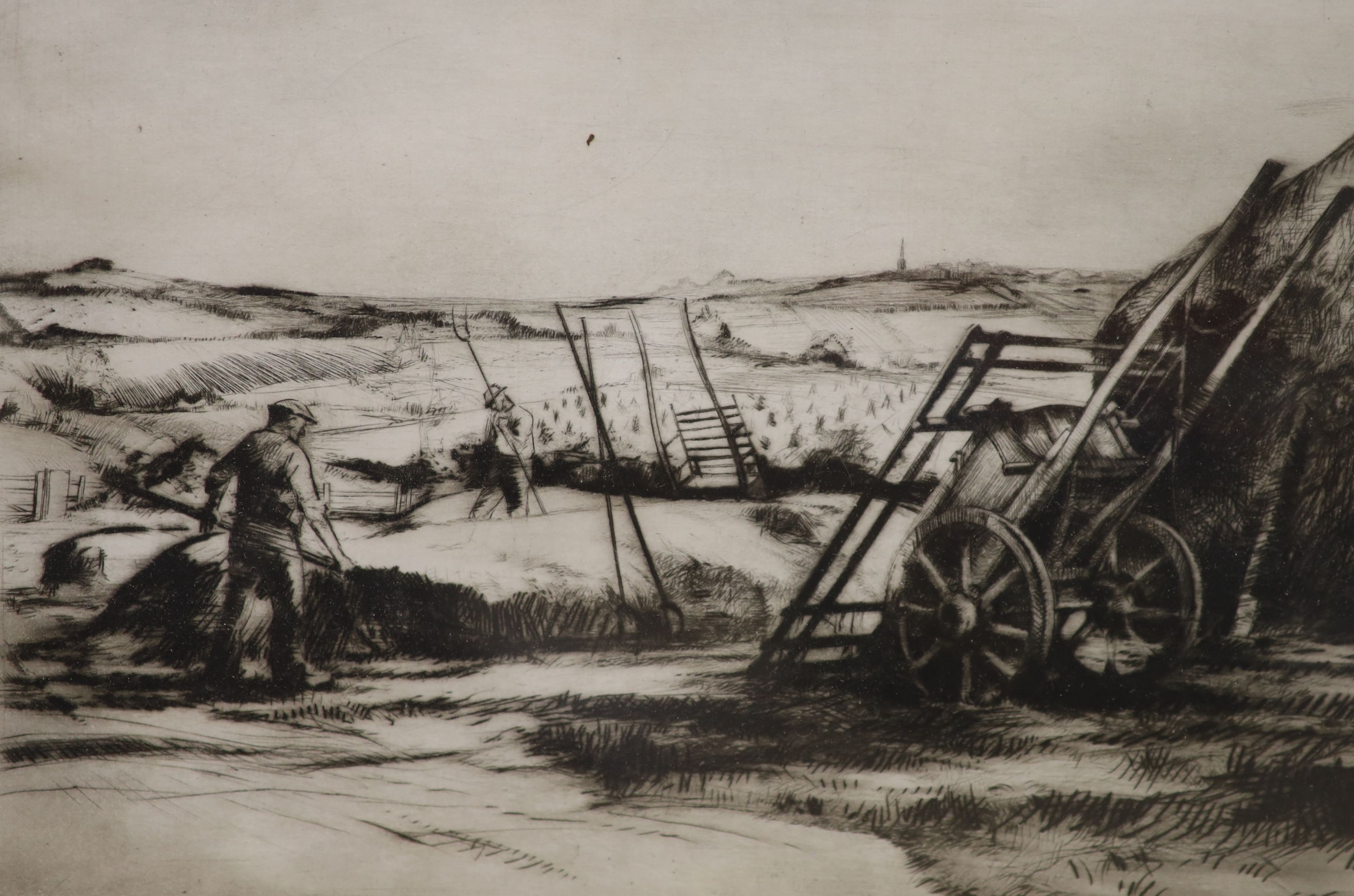 Eric Platt, etching, Loading haycarts, 17 x 25cm and a Tom Carr coloured etching, A woodland hunt, 23 x 19cm